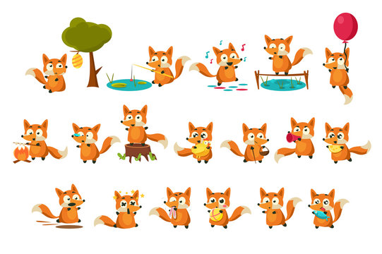 Cute fox cub character doing different activities set, funny forest animal in different situations vector Illustrations on a white background
