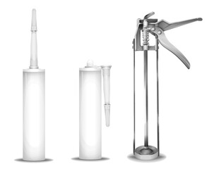 Silicone gun vector illustration of 3d sealant gun mechanism and plastic container tube with nozzle. Realistic isolated details of silicon caulking gun mockup model for construction or building