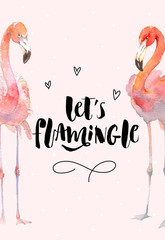 Hand drawn flamingo couple. Pink tropical birds. Lets flamingle Lettering quote with hearts.