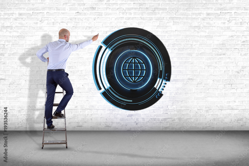 Poster businessman in front of a wall with a shinny technologic globe button - 3d render