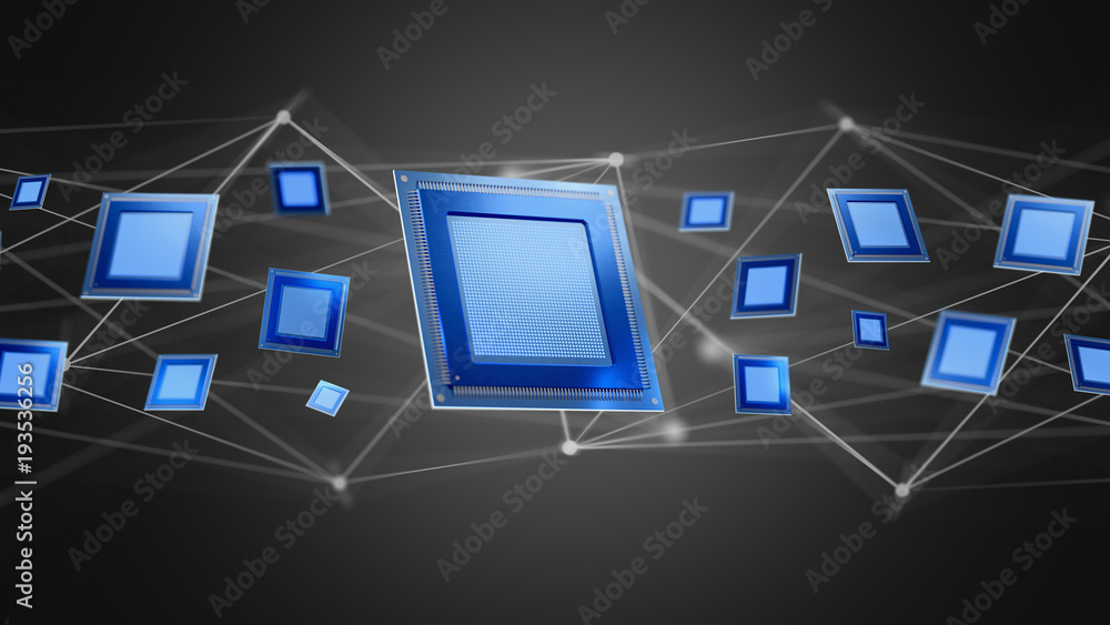 Poster processor chip and network connection - 3d render
