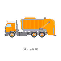 Fototapeta premium Color plain vector icon construction machinery garbage truck tipper. Industrial style. Corporate cargo delivery. Commercial transportation. Dump recycling. Business. Diesel power. Illustration design.