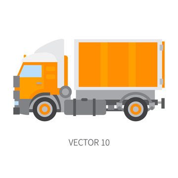 Color plain vector icon construction machinery truck container. Industrial style. Corporate cargo delivery. Commercial transportation. Building business. Diesel trailer power. Illustration for design.