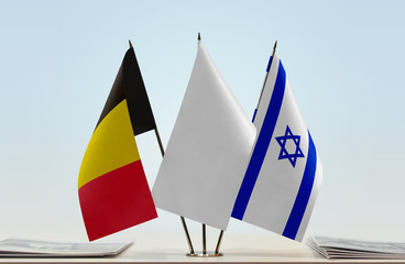 Flags of Belgium and Israel with a white flag in the middle