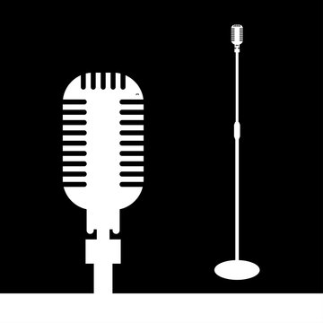 Retro microphone on stand close-up and overall plan. Flat design vector