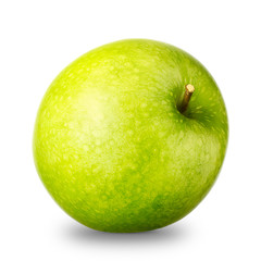 Single green apple isolated on white background with clipping path and shiny reflections