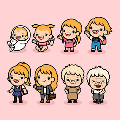 Set of woman character in different ages , Generation of people stages growing up ,baby, child, teenager, adult, aunt, elder person, Vector illustration in cute cartoon.