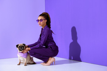 attractive african american young woman posing in purple suit with pug, ultra violet trend