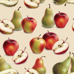 Seamless pattern with watercolor illustrations of apples and pears