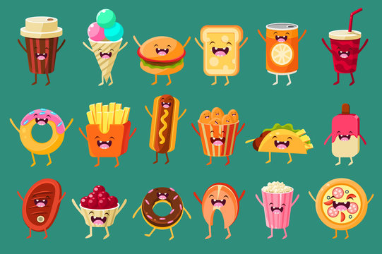 Funny fast food comic characters sett, ice cream, coffee, hot dog, pizza, french fries, toast, burger, soft drink, donut food with funny faces vector Illustrations