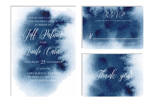 Indigo, navy blue wedding set with  hand drawn watercolor background. Includes Invintation, rsvp and thank you cards templates. Vector