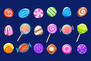 Candies sett, glossy sweets of different colors vector Illustrations on a blue background