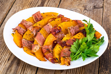 Dishes from pumpkin with bacon