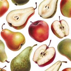 Seamless pattern with watercolor illustrations of apples and pears