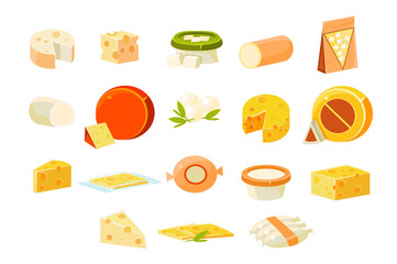 Collection of cheesets, pieces of popular kinds of cheeset vector Illustrations on a white background
