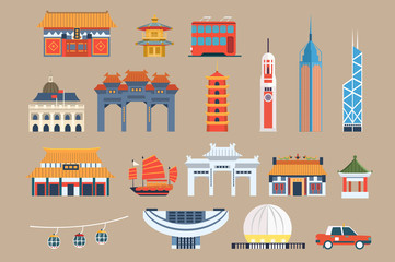 Symbols of Hong Kong sett, Chineset landmarks, travel elements vector Illustrations on a beige background