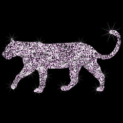 Panther pink icon. Effect of diamond. Transparent pink jewelry panther sign. Sparkling panther icon. Silhouettes of Jewelry panther