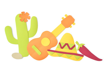 Sombrero and guitar paper cut on white background - isolated