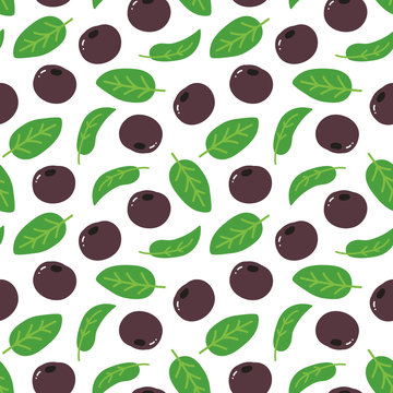 Doodle, hand drawn acai berries with leaves seamless pattern background.