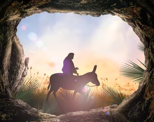 Foto auf Acrylglas Antireflex Palmsonntag-Konzept: Silhouette Jesus Christus reitet Esel mit Grabstein auf Wiese Sonnenuntergang Hintergrund © Choat