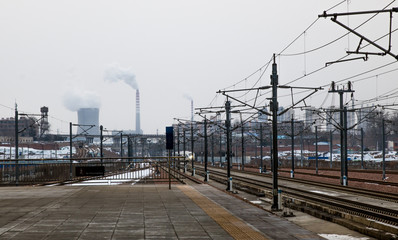Naklejka premium Railroad track. In the winter there is snow.