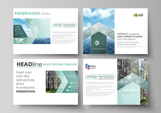 Presentation slide templates. Easy editable abstract vector layouts in flat design. Colorful background, triangular or hexagonal texture, travel business, natural landscape, polygonal style.
