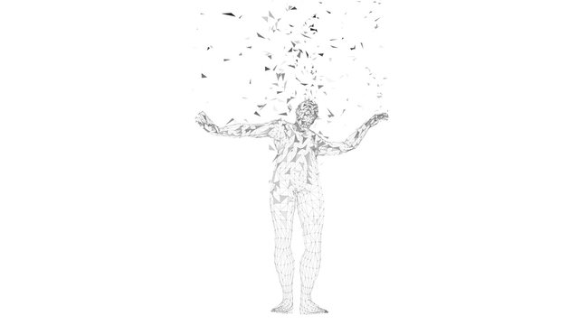 Conceptual abstract man. Connected lines, dots, triangles, particles on white background. Artificial intelligence concept. High technology vector digital background.