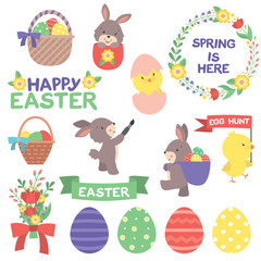 Cute Easter Rabbit and Chick Spring Design Elements Set Vector Flat Illustration Isolated on White