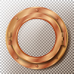 Porthole Vector. Round Brass, Bronze, Copper Window With Rivets. Bathyscaphe Ship Metal Frame Design Element. For Aircraft, Submarines. Isolated On Transparent Background Illustration