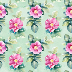 Watercolor wild rose flowers illustration. Seamless pattern