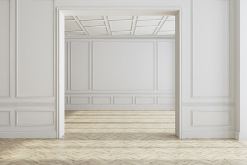 White empty room interior, wooden floor