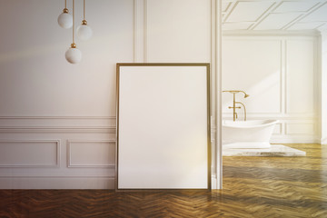 White wall bathroom, poster near wall toned