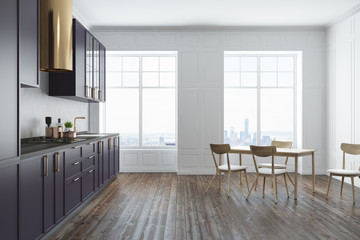 White and concrete kitchen purple countertops side
