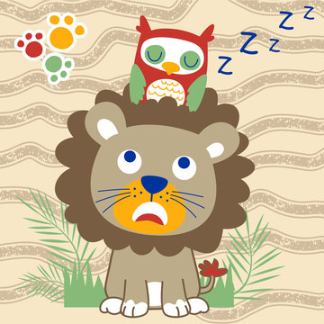 funny owl cartoon sleep on lion head