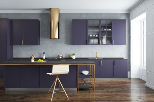 Concrete wall kitchen, purple countertops