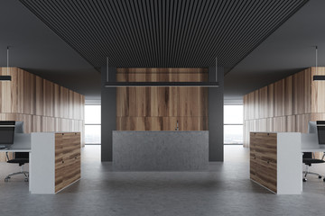 Wood and black office, gray reception