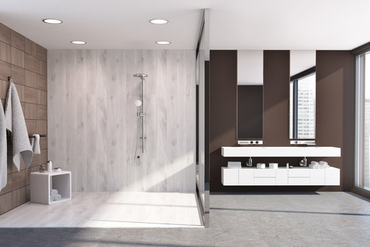 Dark wooden bathroom, shower stall, sink