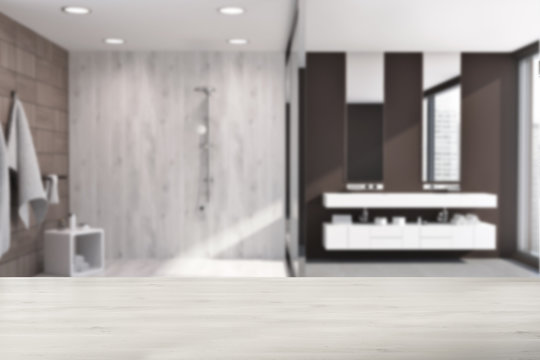 Dark wooden bathroom, shower stall, sink blur