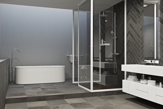 Corner of a gray bathroom with tiled floor