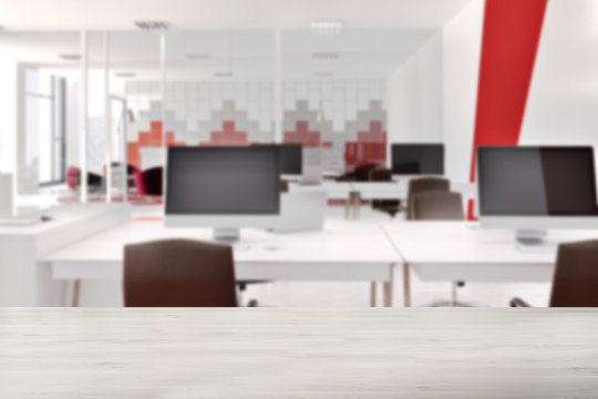 Red and white modern office, front blur