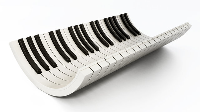 Curved piano keys isolated on white background. 3D illustration