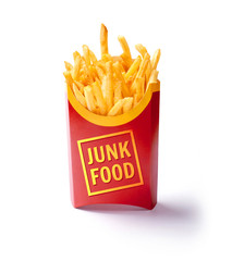 French fries in red carton package box isolated on white background