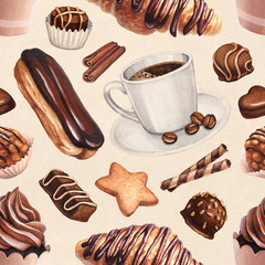 Watercolor illustration of coffee and desserts. Seamless pattern