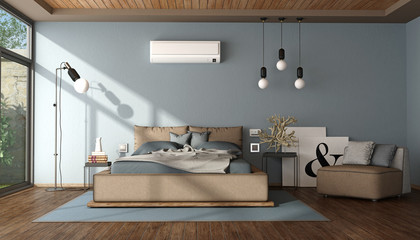 Modern blue and brown master bedroom - obrazy, fototapety, plakaty