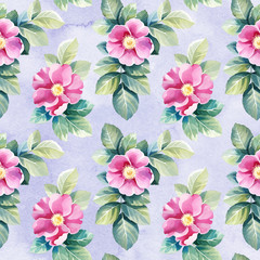 Watercolor wild rose flowers illustration. Seamless pattern