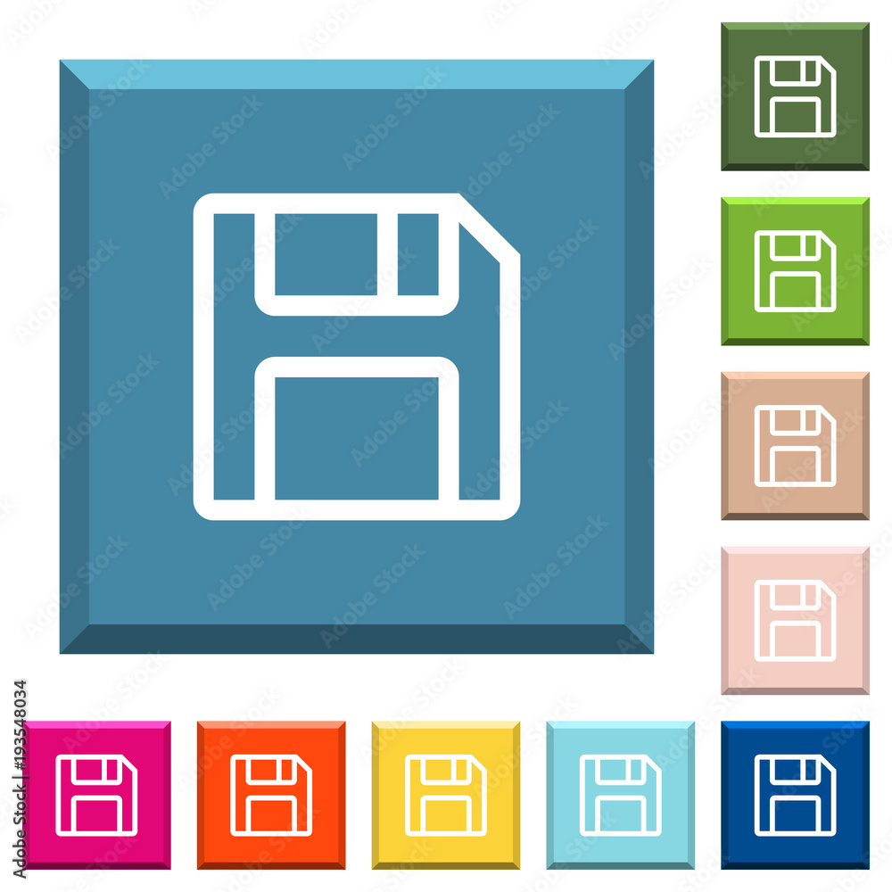 Poster floppy disk as save symbol white icons on edged square buttons