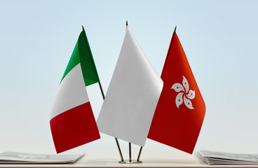 Flags of Italy and Hong Kong with a white flag in the middle