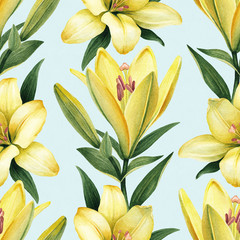 Watercolor illustrations of lily flowers. Seamless pattern