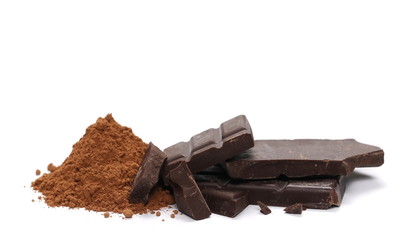 Chocolate bars with cocoa powder isolated on white background
