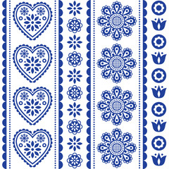 Scandinavian seamless folk art vector pattern with flowers and hearts, Nordic ornament design - long stripes